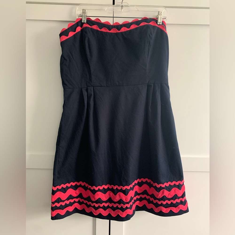 Vineyard Vines Strapless Navy Blue Dress with Pink Trim